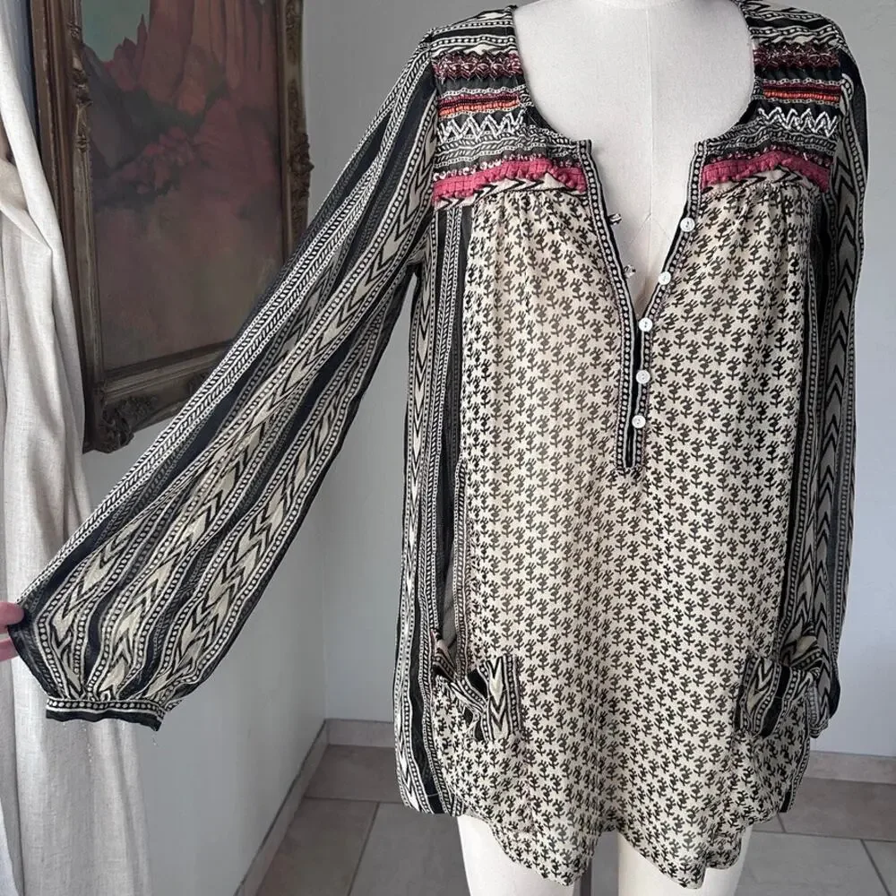 Free People Embroidered Semi-Sheer Top Folk Boho Oversized Tunic Women S M